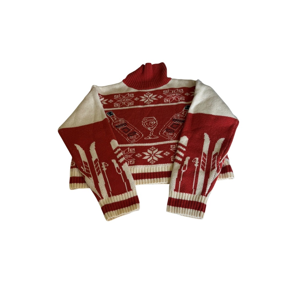 Webers Resupply Womens Red Cream Ski Holiday Cropped Turtleneck Sweater Small